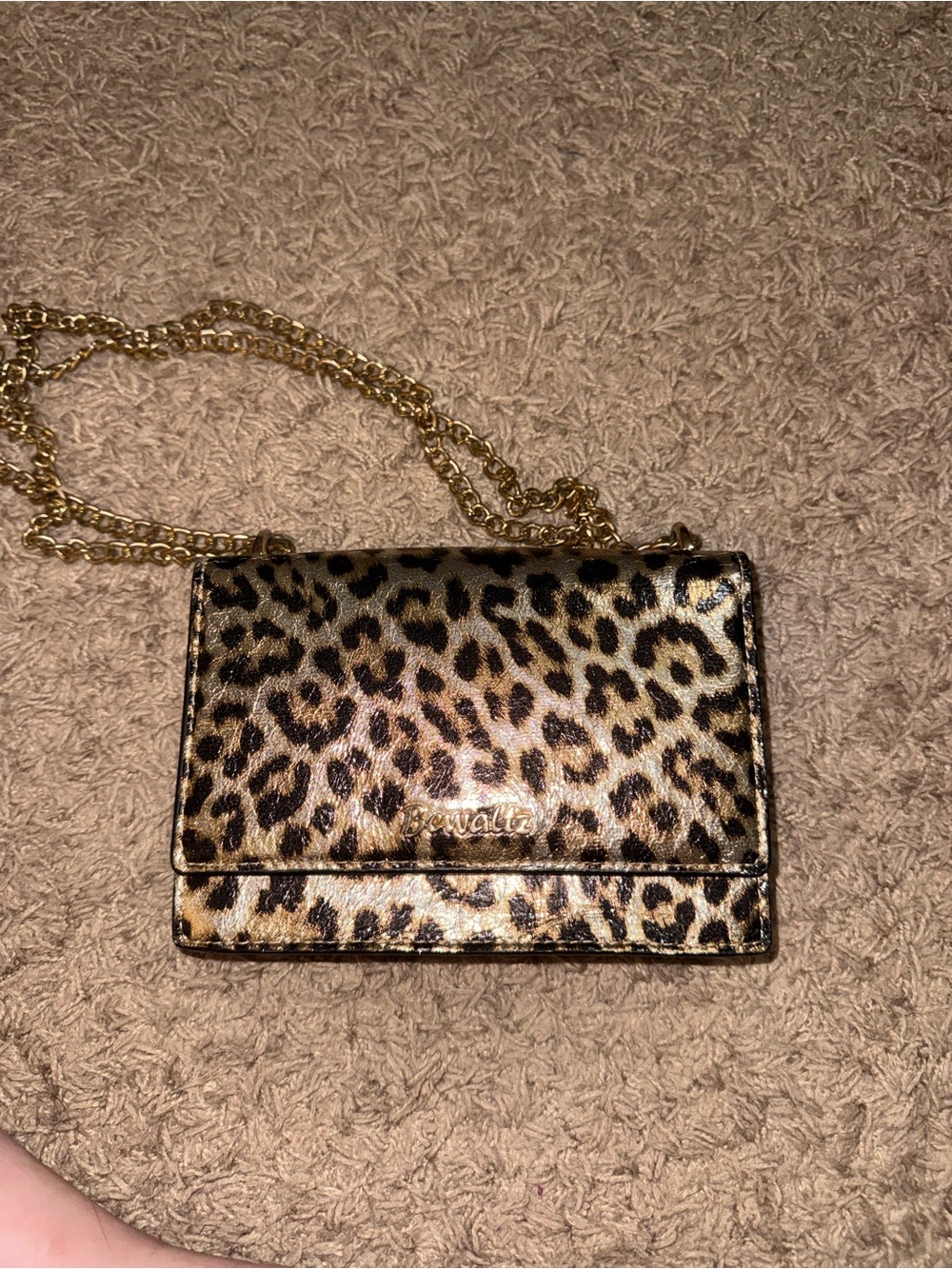 Leopard Print Leather Crossbody Bag with Gold Chain